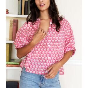 Emerson Fry India Collection Mandarin Collar Top Pink Floral Organic Cotton Boho